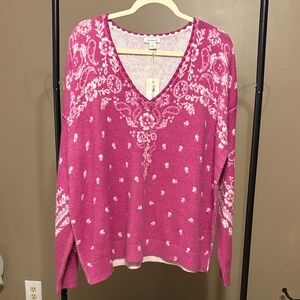 Sundance Pink and cream Floral V-Neck oversized XL Sweater NWT